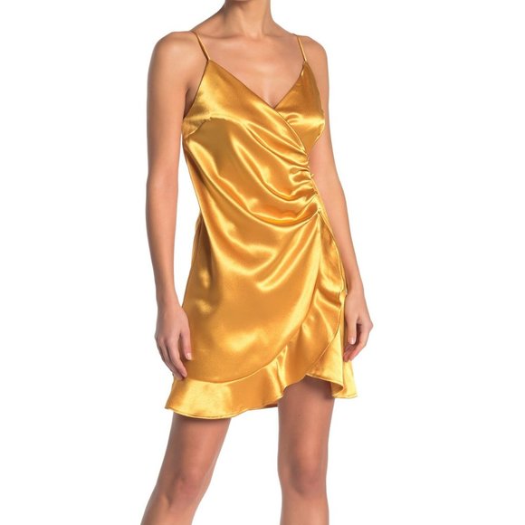 Favlux Gold Yellow Wrap Satin Ruffle Mini Dress - Picture 1 of 8